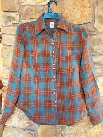 Victoria Ladies Long Sleeve Shirt - Large Brown & Blue Check