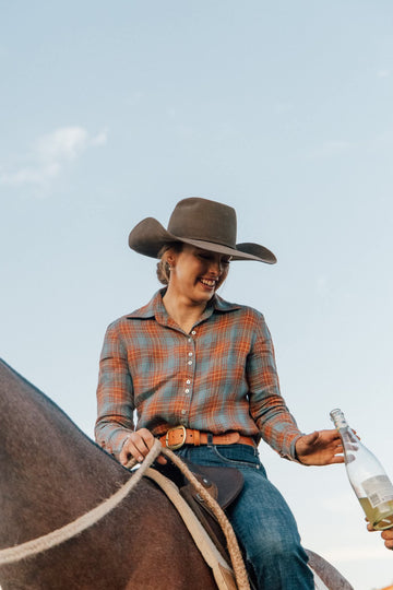 Victoria Ladies Long Sleeve Shirt - Large Brown & Blue Check