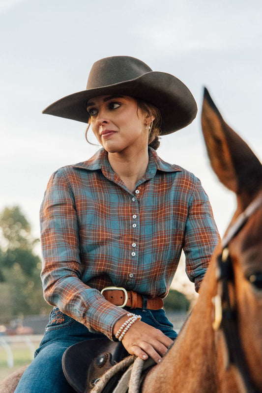 Victoria Ladies Long Sleeve Shirt - Large Brown & Blue Check