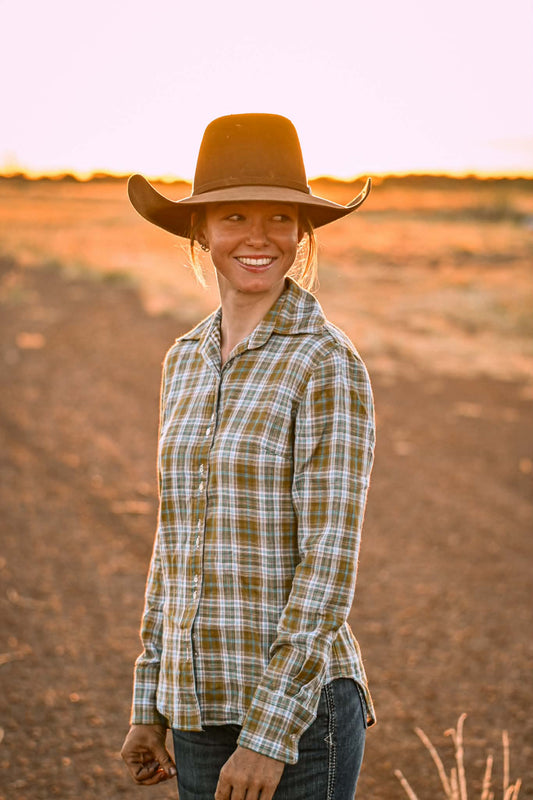 Victoria Ladies Long Sleeve Shirt - Small Brown & Blue Check